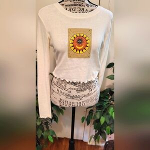 Women's Cream Long Sleeve Tops with Sunflower Design